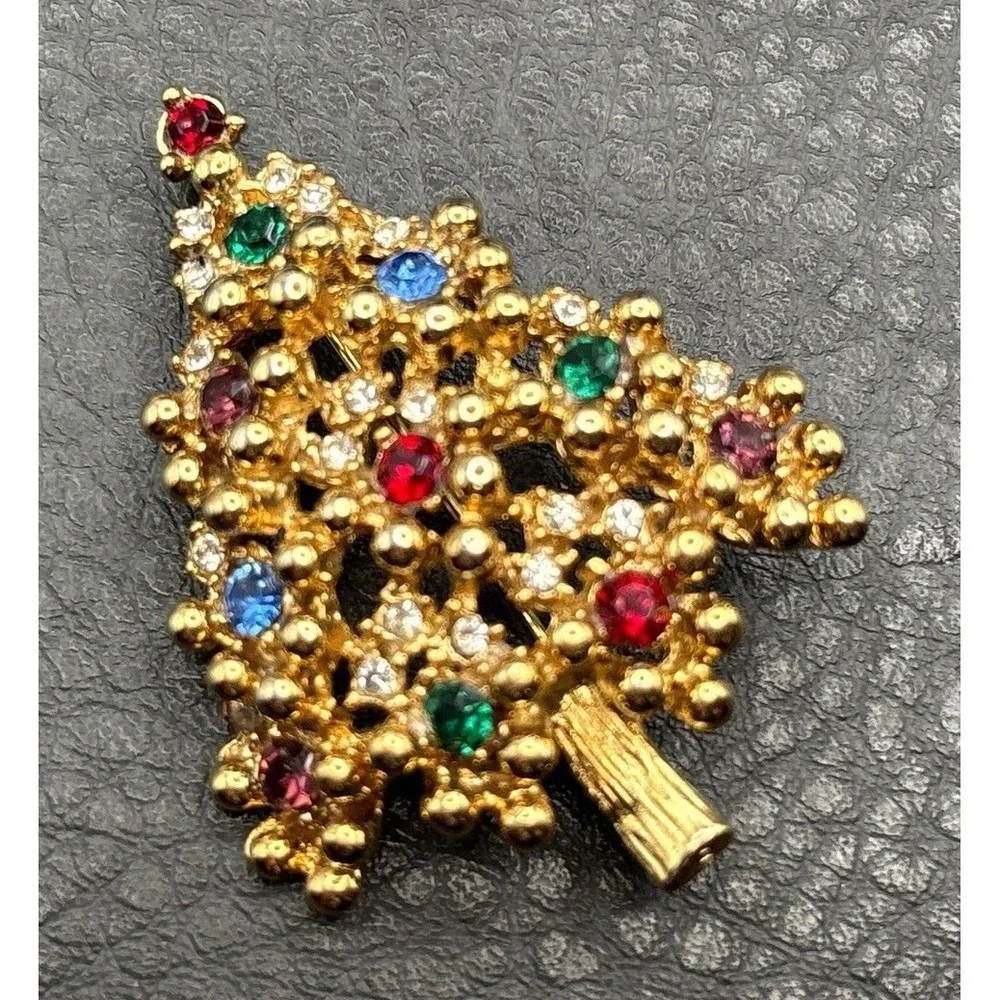 Vintage Colorful Christmas Tree Brooch Rhinestone Red Green Blue Gold Tone